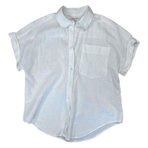 Banana Republic White Linen Blouse Womens Medium Petite Short Sleeve Boxy Spring
